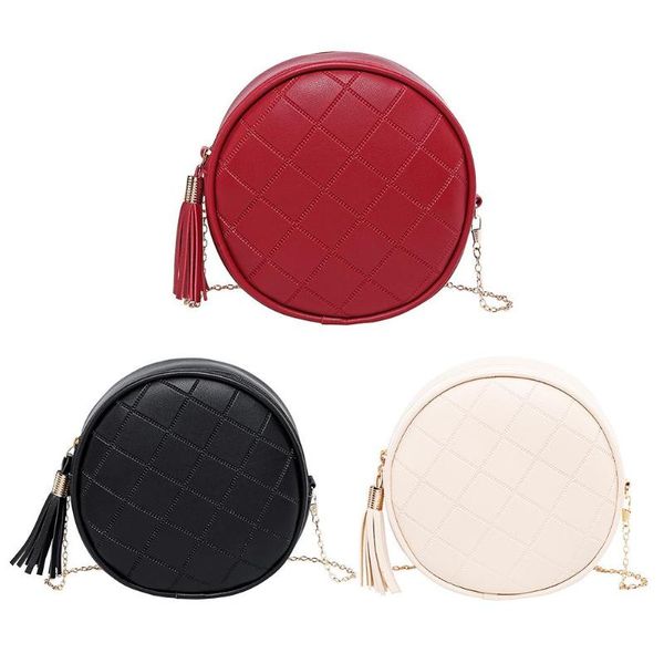

solid color plaid shoulder handbags women small round tassel crossbody bags