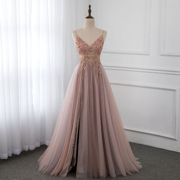

sweet dusky pink crystal prom dresses long straps spaghetti see through tulle evening gown slit right yqlnne, White;black