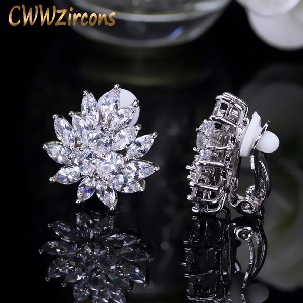 

cwwzircons new designer flower shape stunning cubic zirconia crystal women ear clip on earrings without piercing cz196, Silver