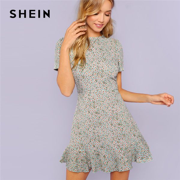 

shein multicolor allover floral print ruffle hem textured dress elegant casual fit and flare dresses women a line summer dress, Black;gray