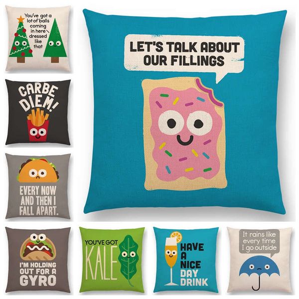 

cute cartoon sofa thorw pillowcase fries taco fruit pie funny words decorative letters colorful cushion cover