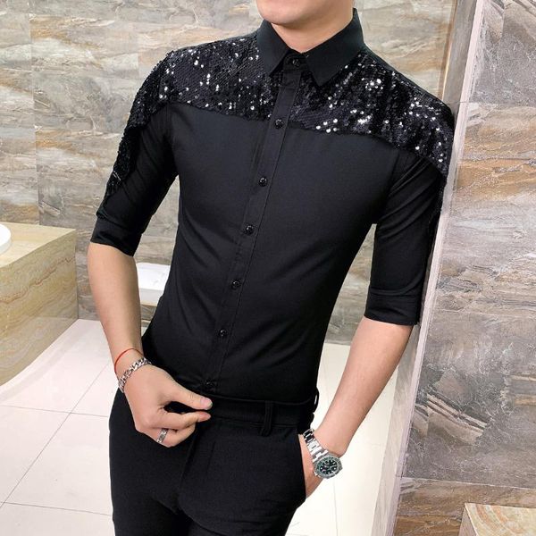 

3xl- magic show costume summer all match shirt men half sleeve sequin stitching slim fit casual mens dress shirts, White;black