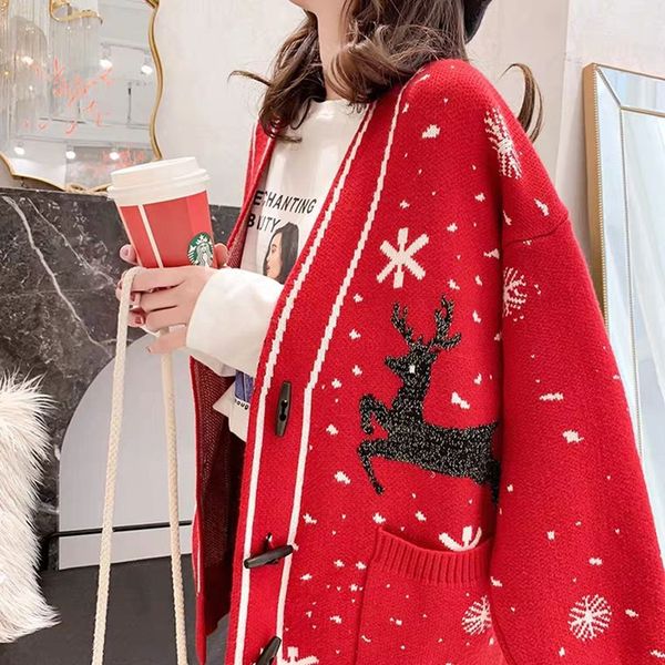

2018 red christmas sweater coat cardigan female loose thick lazy wind long sleeve spring sweater autumn and winter, White