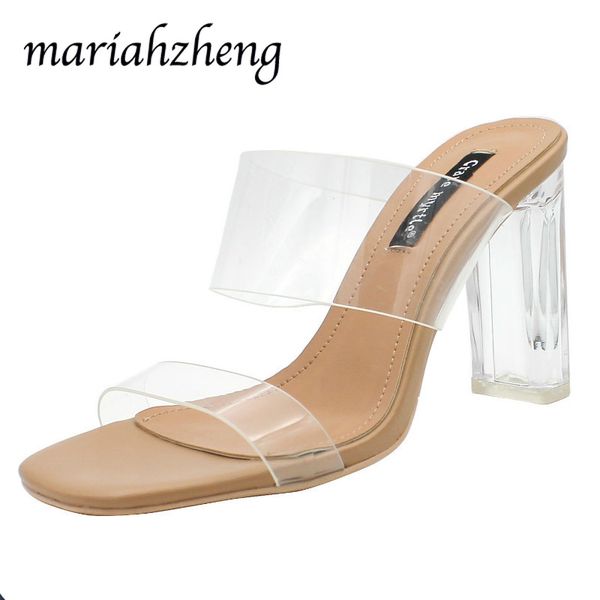 

meriahzheng 7cm 2020 summer fashion thick heel transparent pvc slippers casual wear open toe crystal high heel women's shoes tws, Black