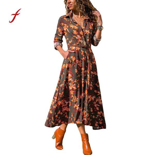 

women dress 2019 new arrival printed long sleeve v-neckline hem lapels belt shirt dress elegant slim soft touch dresses summer, Black;gray