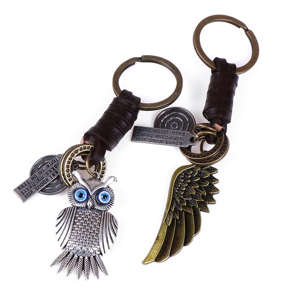 

1pc pendant angel wing owl key chains ring gift alloy leather vintage keychain