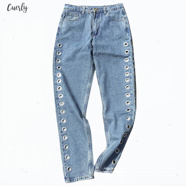 

2093 new high waist eyelets jeans boyfriend denim jeans women pants female jeans high for woman drop shipping, Blue