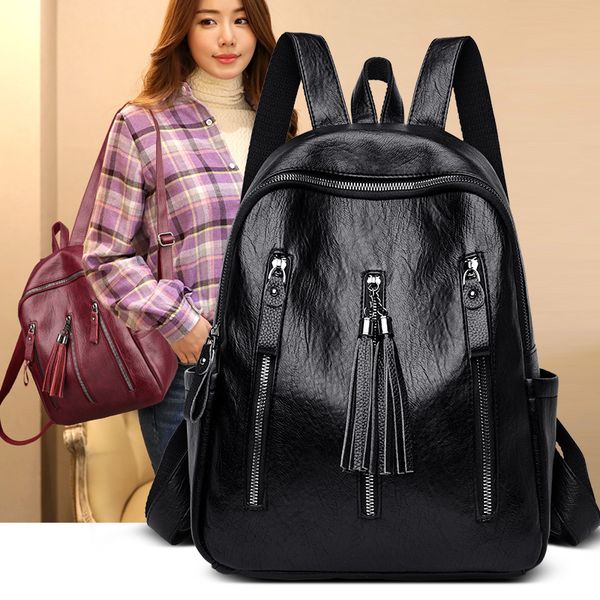 

2020 fashion women backpack pu leather casual tassel bags female shoulder bags travel backpacks for girls