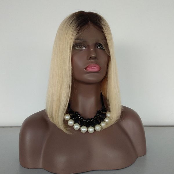 

chinese human hair lace front wig two tone color hair , 12 inch #4/613 ombre color hair bob style wig 150% density, Black;brown