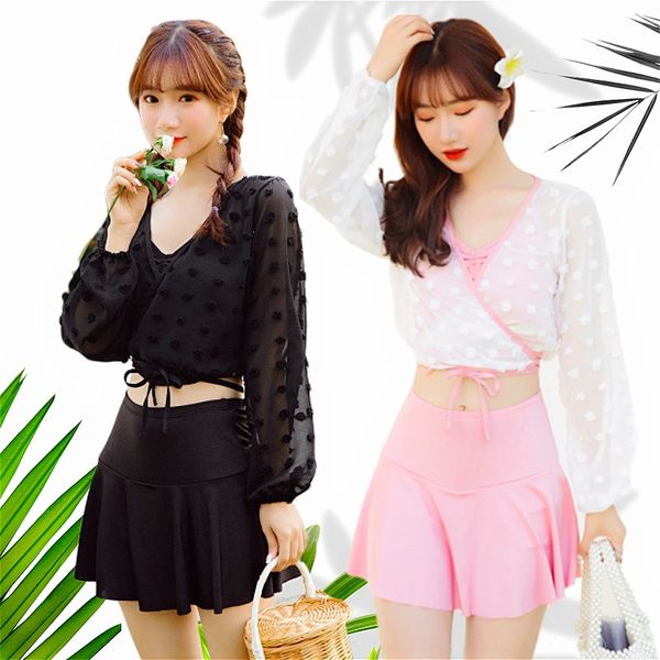 

spring swimming suit female belly-covering slim split three-piece set ins wind fairy fan long sleeve bikini swimsuit bikini, White;black