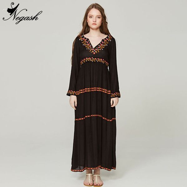 

high-quality real europe spring summer 2018 bohemia flower embroidery flare sleeve retro styled dresses vestidos, Black;gray