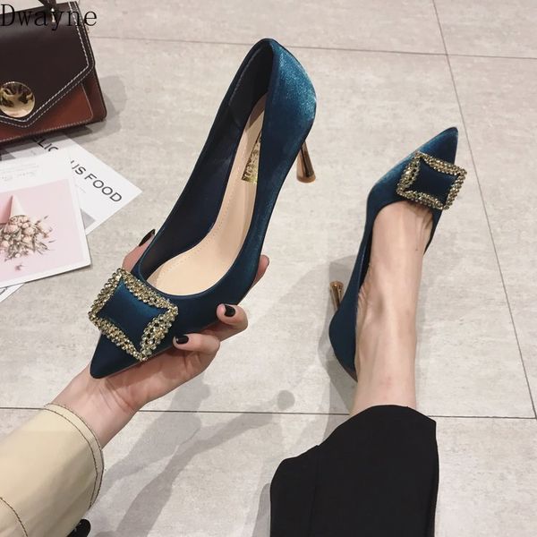 

temperament elegant womens shoes korean square buckle rhinestones high heels stiletto pointed shallow mouth single shoes, Black