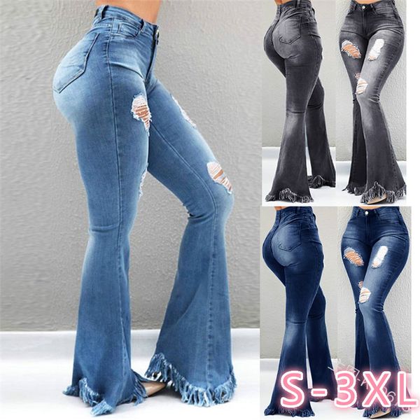 

yaapeet fashion denim flare pants women retro ripped jeans wide leg trousers lady casual bell-bottoms flare pant female pants, Blue