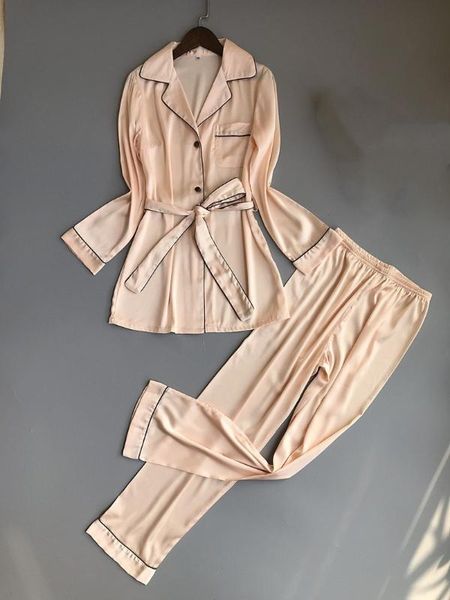 

women rayon solid homewear female elegant turn-down collar thin sleepwear spring autumn belt pockets pajama sets, Blue;gray