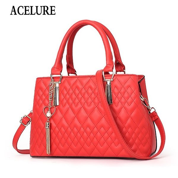 

acelure metal heart tassel pendant women diamond lattice pu leather shoulder bags elegent fashion ladies handbags and purses