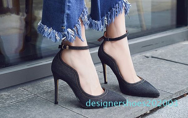 

горячая распродажа-слово пряжка остроконечные туфли на высоком каблуке джинсовые женские остроконечные мелкий рот женщины высокие каблуки од, Black