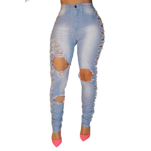 

повседневный hole женщин джинсы denim отбеленная pure color тощий высокой талией карандаш брюки кнопка карманы ankle- длина брюк, Blue