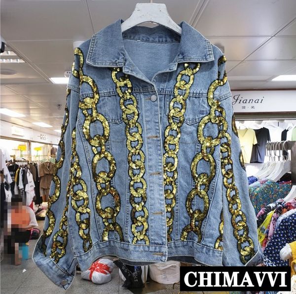 

spring autumn new heavy sequins golden chain loose cowboy jacket bf wind female loose denim jacket leisure jeans coat, Black;brown