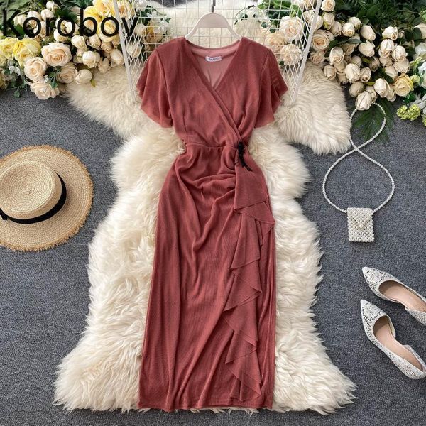 

korobov summer 2020 new v neck dress vintage butterfly sleeve high waist dresses korean elegant a-line vestidos femme, Black;gray