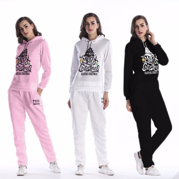 

2020 autumn new two piece sports suit merry christmas print large size women's suit loose hooded sweater trousers, Gray