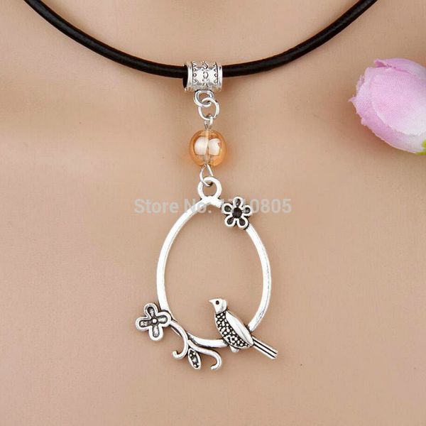 

10pcs alloy ancient silver bird flower multicolor glass bead charm pendant leather rope necklace couple jewelry valentine's day present