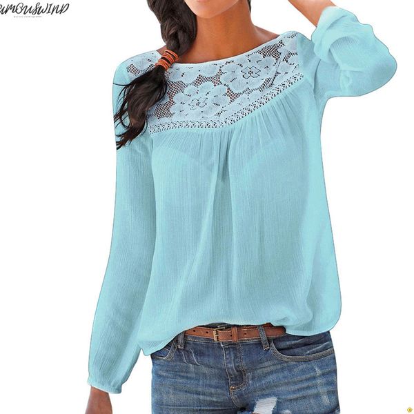 

blouse chiffon blouses women fashion casual long sleeve women shirts lace patchwork tunic blusas v-neck mujer plus size 30, White