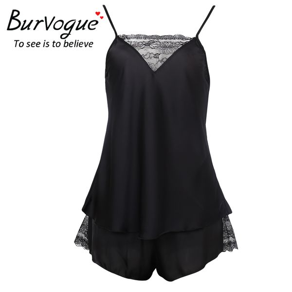 

burvogue women pajama sets sleepwear sleeveless spaghetti strap nightwear black lace pajamas satin cami shorts pyjamas, Black;red