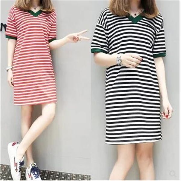 

large size women's dress 2019 summer fat mm loose slim v-neck striped short-sleeved mid-length skirt, White