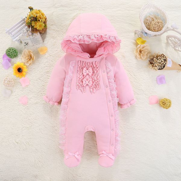 

lace newborn baby girl clothes new winter hooded baby rompers warm thick cotton outfit jumpsuit for children baby costume t200706, Blue