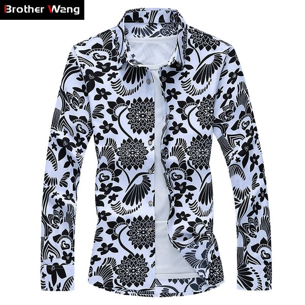 

2020 new spring and autumn men's casual floral shirt fashion hawaii long sleeve shirt male brand clothes plus size 5xl 6xl 7xl, White;black