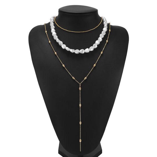 

bohemian multi-layer imitation irregular pearls baded chain metal necklace gold line lock long chain necklace for women jewelry, Golden;silver