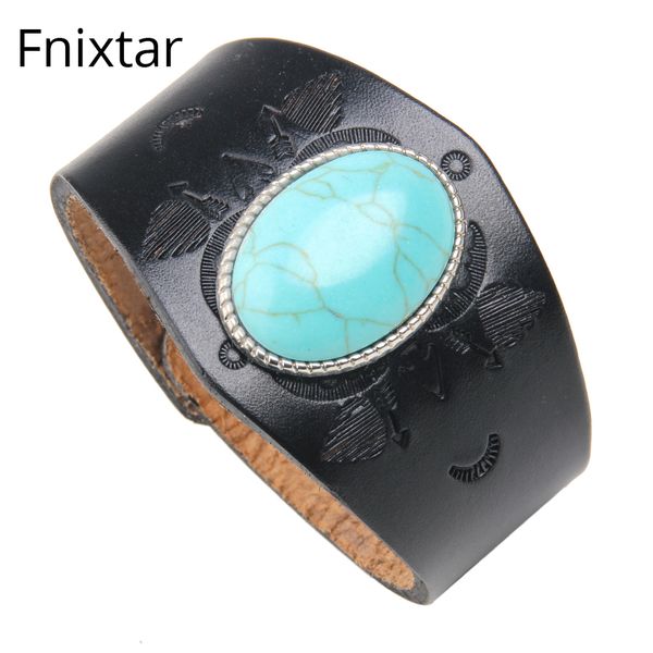 

fnixtar 24.5cm length black men leather punk style bracelets men jewelry leather bracelets for women gifts, Golden;silver