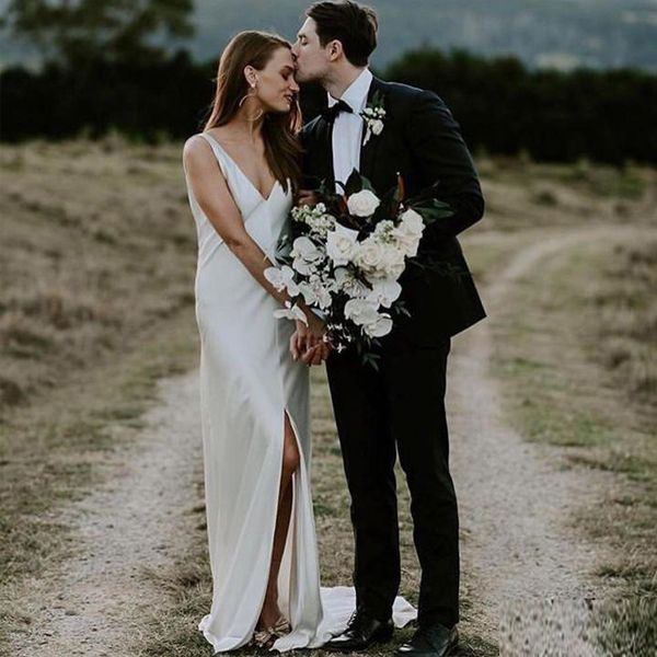 

beach wedding dresses v-neck satin simple bridal gowns front split sweep train custom made vestido de novia party dresses, White