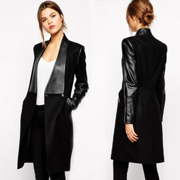 

2018 autumn and winter slim coat stitching leather long woolen blends long coat, Black