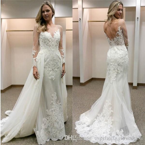 Beyaz Çıkarılabilir Seksi Denizkızı Gelinlik Açık Dantel Aplikler Kılıf Uzun Kollu Tül Modern Gelin Gowns Vestidos de Novia