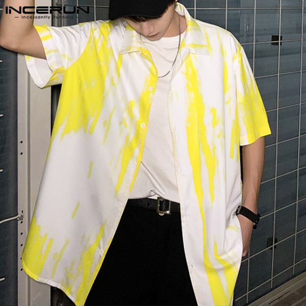 

chic printed men short sleeve lapel collar shirt fashion trend joker baggy comfort button mens casual blouse streetwear incerun, White;black