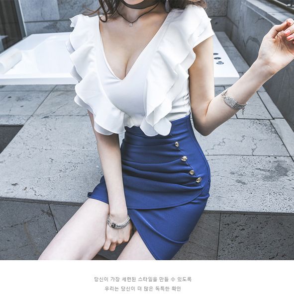 

summer korean women's slim panel ruffle v-neck cropped skirt fashion dress girls who loved so much, Black;gray