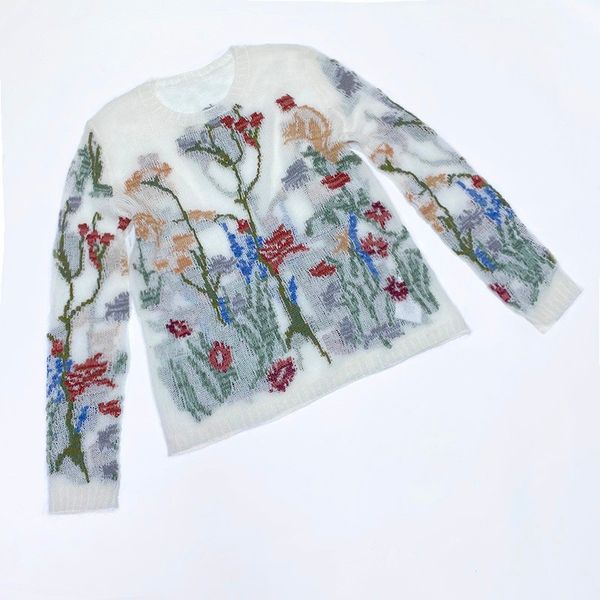 

2020 autumn mohair sweaters ladies runway fashion floral embroidery long sleeve wool cashemere blend pullovers, White;black