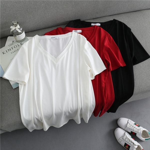 

v-neck loose short-sleeved female mercerized cotton drape feeling smooth texture t- solid color slim t-shirt base shirt top, White
