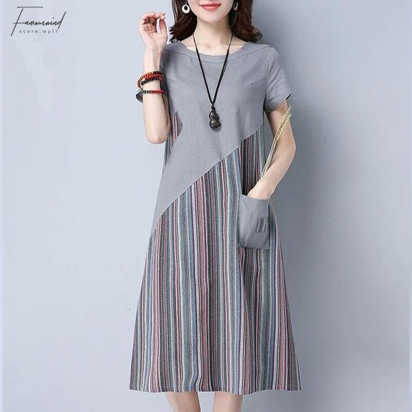 

плюс размер платья женщина платья лето сыпучие управление леди повседневная полосатый лоскутная середина длинные платья с коротким рукавом л, Black;gray