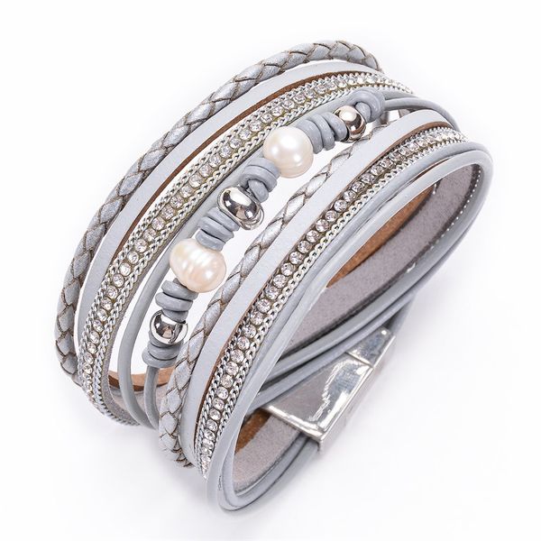

2020 women fashion boho multi layer mosaic rhinestone genuine leather natural pearl bracelet trendy magnetic buckle grey bangles, Golden;silver