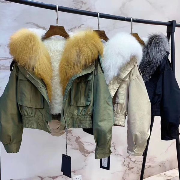 

brand 2020 new fashion real fur short parka outerwear winter jacket women natural fur collar wool liner coat streetwear, Black