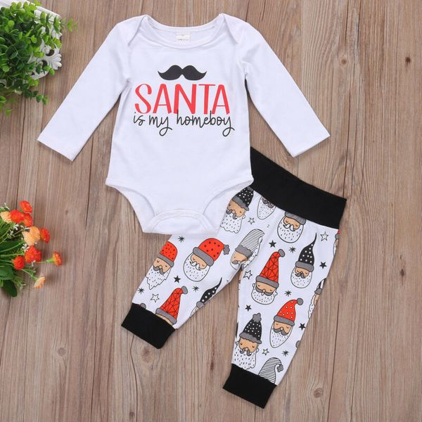 

canis casual christmas baby girl boy santa long sleeve letter printed pants outfit set clothes, White