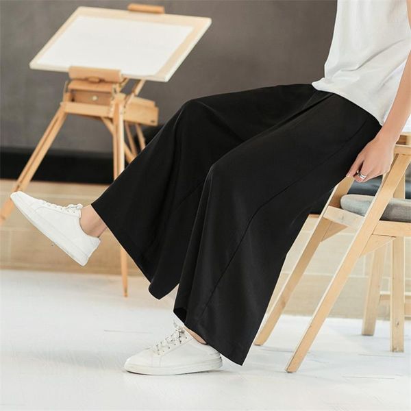 

men's pants cotton linen wide leg pant summer comfortable soft loose straight elastic waist ankle-length trousers big size m-8xl, Black