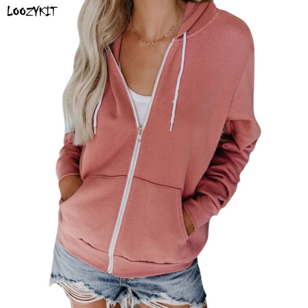 

loozykit 2019 spring autumn women's jacket pure long-sleeved pull-rope cap zipper guard running workout sports coat sweatshirt, Black;red