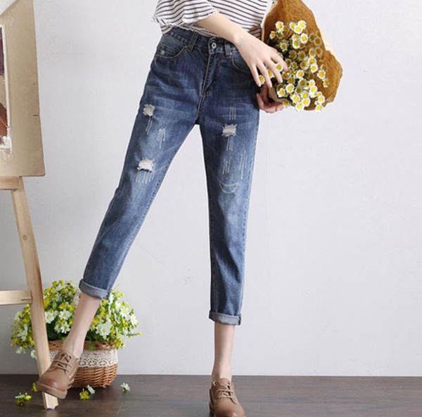 

simple flavor 2019 for women hole jeans fashion woman straight pants causal ankle-length pants spring autumn women jeans, Blue