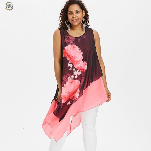 

plus rosegal size floral sleeveless asymmetric blouse women long casual shirts blouses womens and blouses ladies clothes, White