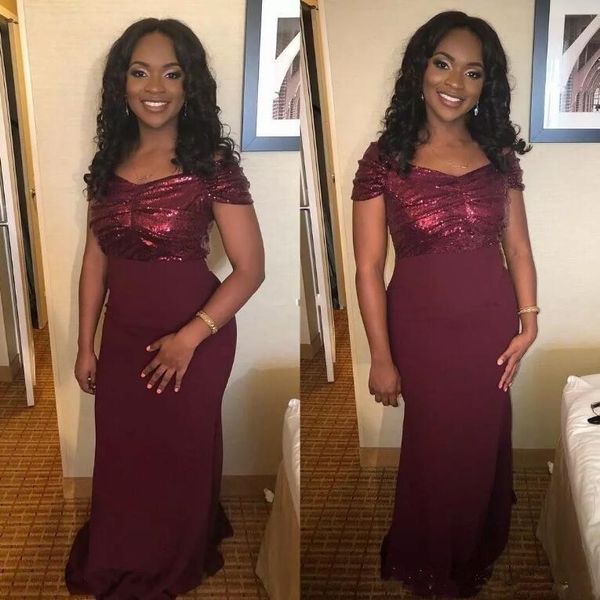 

burgundy sequined evening dresses short sleeve off shoulder sparkly sequins mermaid long prom party gowns pageant dress custom size, Black;red