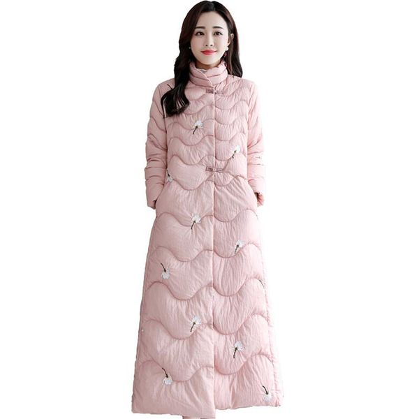 

winter jacket 2019 women vintage stand collar slim plus size down jacket embroidered long down coat parka doudoune femme hiver, Black