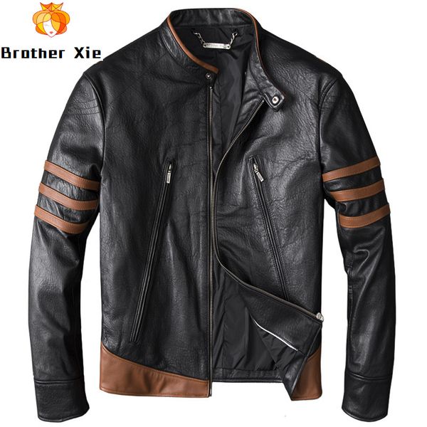 

men's real leather jackets wolverine motorycycle leather coat cow genuine slim fit jacket for male, Black